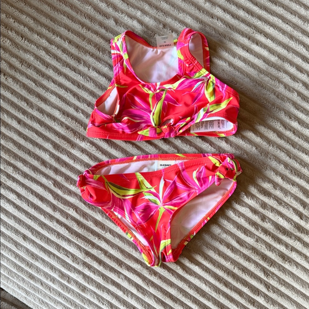 Old Navy Neon Pink Tropical Print Girls Bikini Set